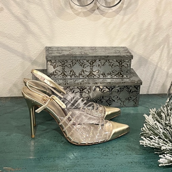 New Stuart Weitzman Slingback Gold Heels w/ Crystals (Size 8M) - Picture 6 of 16